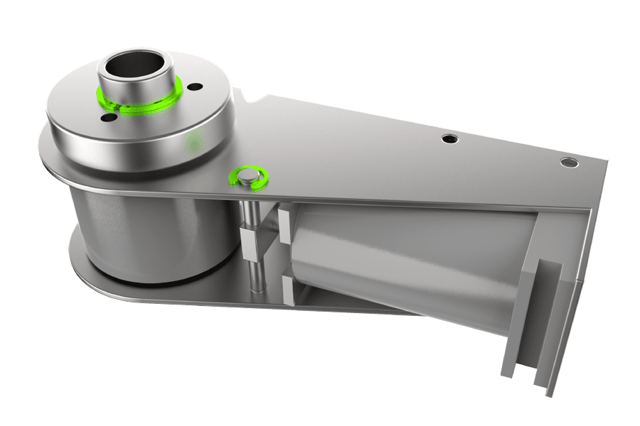 Rendered image of a retaining ring with inverted lugs on a clutch hub or component on a shaft.